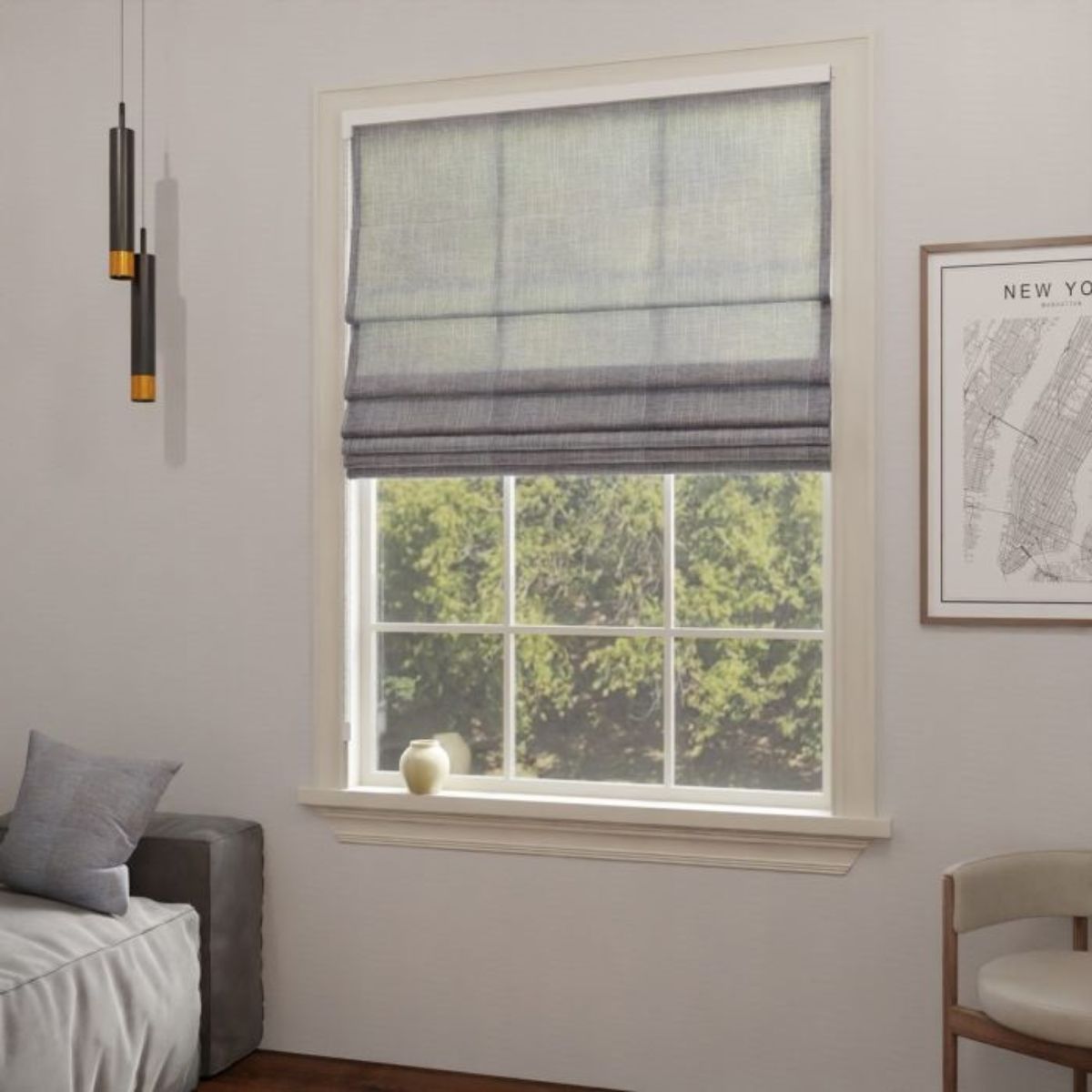 Modern semi-transparent Roman blind, matt grey