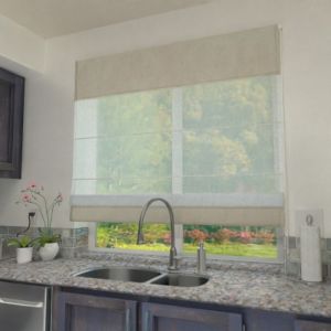 Beige sheer Roman blind for the kitchen