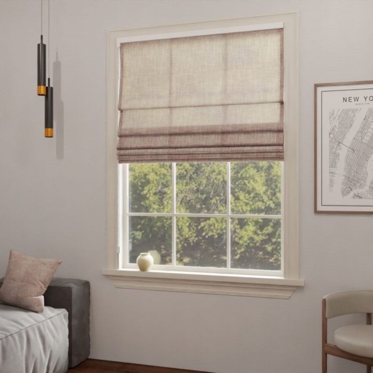 Fashionable fabric Roman blind, semi-transparent with linen structure