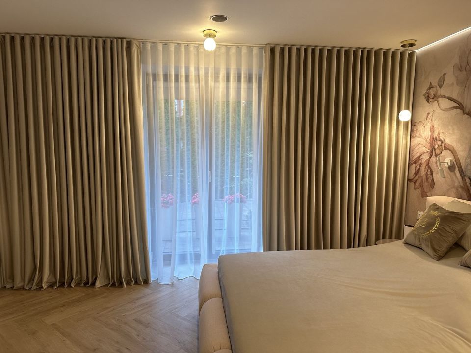 Luxury Bedroom -Beige Velvet Curtains and Airy Beautiful Curtains - iDESCU